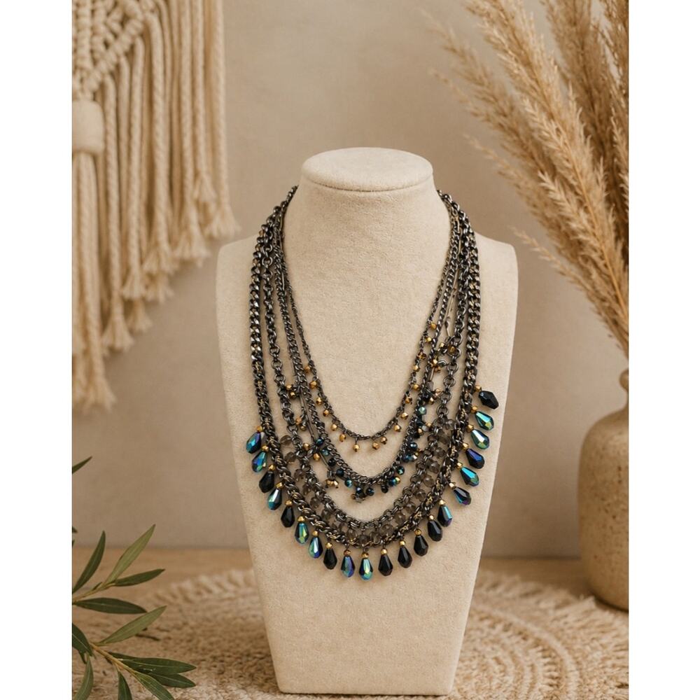 Dark Gray Metal Layered Bling Necklace New